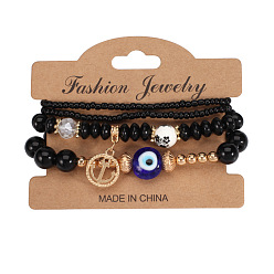 HY-2824-B Black Bohemian Anchor Pendant Multi-layer Bracelet with Devil's Eye Glass Bead Elastic Bangle Jewelry