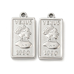 Stainless Steel Color 304 Stainless Steel Pendants, Rectangle with Venus & 1990 Charm, Stainless Steel Color, 25x13x2.5mm, Hole: 1.6mm