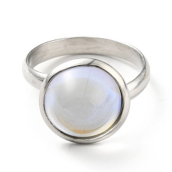 Белый K9 стеклянное плоское круглое кольцо на палец, 304 женские украшения из нержавеющей стали, цвет нержавеющей стали, белые, размер США 7 3/4 (17.9 мм), кольцо поверхность: 14x7mm