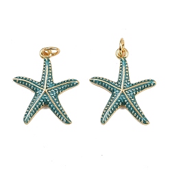 Светлый Морско-зеленый Латунь эмаль подвески, с целью перехода в кольце, очарование морской звезды, реальный 18 k позолоченный, стойки покрытие, без свинца и без кадмия, долговечный, светло-зеленый, 21.5x18x2.5 мм, отверстие : 3 мм