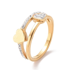 Golden Crystal Rhinestone Heart Finger Ring, Ion Plating(IP) 304 Stainless Steel Jewelry for Women, Golden, US Size 6~9(16.5~18.9mm)