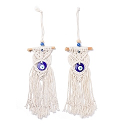 Antique White Cotton and Linen Cord Macrame Woven Tassel Wall Hanging, Glass Evil Eye Hanging Ornament with Wood Sticks, for Home Decoration, Antique White, 300x120mm