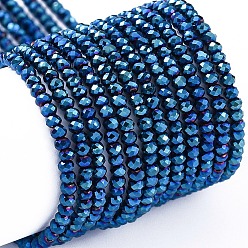 Blue Plated Electroplate Glass Beads Strands, Full Plated, Faceted, Rondelle, Blue Plated, 2x1.5mm, Hole: 0.6mm, about 220~230pcs/Strand, 13.78~14.17 inch(35~36cm)