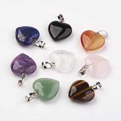 Mixed Stone Mixed Stone Pendants, Heart, with Brass Findings, Platinum, 22~23x20~20.5x6~7.5mm, Hole: 5x8mm