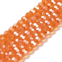 Dark Orange Transparent Glass Beads, 32 Facets, AB Color Plated, Round, Dark Orange, 8x7~7.5mm, Hole: 1.5mm, about 66pcs/strand, 18.82''~19.06''(47.8~48.4cm)