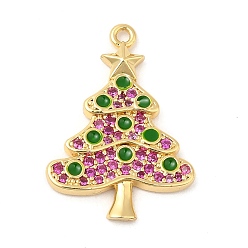 Violet Rack Plating Brass Pave Cubic Zirconia Pendants, Real 18K Gold Plated, Long-Lasting Plated, Cadmium Free & Lead Free, Christmas Tree, Violet, 23x16x2.3mm, Hole: 1.2mm