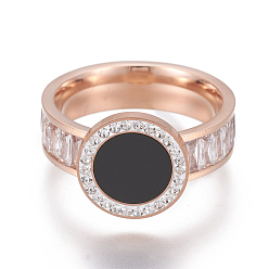 Rose Gold 304 Stainless Steel Resin Finger Rings, with Polymer Clay Rhinestone and Cubic Zirconia, Flat Round, Rose Gold, Size 6~9, 16~19mm