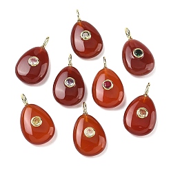 Красный Агат Природные сердолик подвески, подвески в форме слезы с латунной микропаве с кубическими цирконами разных цветов, золотые, 26x15x5.5~7 мм, отверстие : 2 мм