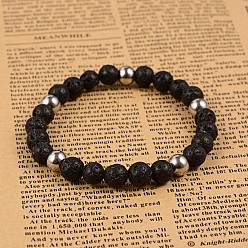 Stainless Steel Color Natural Gemstone Beaded Stretch Bracelets, with 304 Stainless Steel Beads, Stainless Steel Color, 65mm