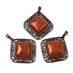 Красный Камень Подвески в виде ромбов из натуральной красной яшмы, с винтажной латунной рамкой красного медного оттенка, 39x36.5x7~8 мм, отверстие : 8.5x5 мм