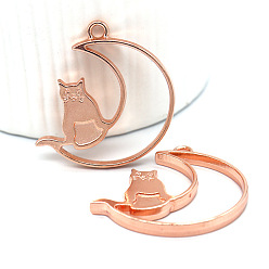 Rose Gold Alloy Open Back Bezel Moon Cat Pendants, for DIY UV Resin, Epoxy Resin, Pressed Flower Jewelry, Rose Gold, 37x37x3.5mm