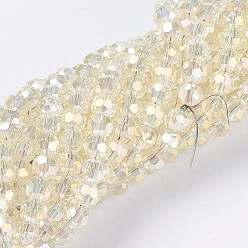 Light Yellow Electroplate Glass Beads Strands, Full Rainbow Plated, Faceted, Round, Light Yellow, 3.5~4.5mm, Hole: 0.5mm, about 100pcs/strand, 13.9~15.7 inch(35.5~40cm)