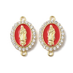 Красный Латунный микропаве прозрачный кубический цирконий эмалированный овал с подвесками-соединителями Девы Марии, реальный 18 k позолоченный, стойки покрытие, без свинца и без кадмия, долговечный, красные, 27x16.5x4 мм, отверстие : 1.8 мм