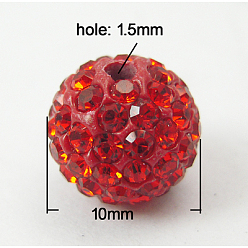 Red Mideast Rhinestone Beads, with Polymer Clay, Round Pave Disco Ball Beads, Red, PP13(1.9~2mm), 10mm, Hole: 1.5mm