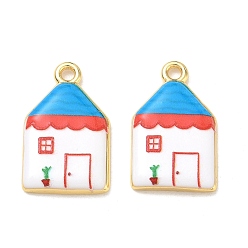White Printed Brass Pendants, House Charms, Rack Plating, Long-Lasting Plated, Lead Free & Cadmium Free, Real 18K Gold Plated, White, 25x15.5x3.5mm, Hole: 2.5mm