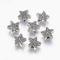 Antique Silver Tibetan Style Alloy Beads, Cadmium Free & Lead Free, Starfish/Sea Stars, Antique Silver, 10x11x5mm, Hole: 2mm