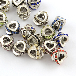 Mixed Color Letter X Antique Silver Plated Metal Alloy Rhinestone European Beads, Large Hole Beads, Mixed Color, 11x8~9x10mm, Hole: 5mm