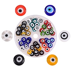 Mixed Color 72Pcs 12 Colors Handmade Evil Eye Lampwork Beads, Flat Round, Mixed Color, 12x5mm, Hole: 1mm, 6pcs/color