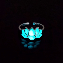 Cyan Luminous Glow in the Dark Zinc Alloy Open Cuff Ring, Lotus, Cyan, Inner Diameter: 17mm