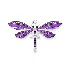 Purple Vintage Dragonfly Pendant Necklace Findings, Alloy Enamel Pendants, with 
Rhinestone, Silver Color Plated, Purple, 42x72x5mm, Hole: 3mm