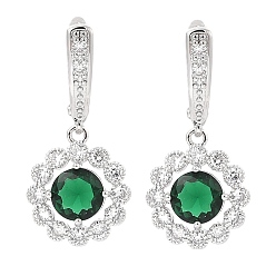 Зеленый Серьги-кольца с цветком из латуни и кубическими цирконами для женщин, платина, зелёные, 35x16 мм