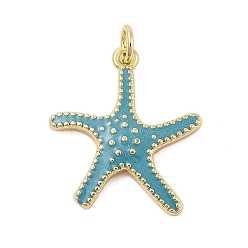 Темно-бирюзовый Подвески из латуни с эмалью в стойку, с целью перехода в кольце, долговечный, без кадмия и без свинца, реальный 18 k позолоченный, очарование морской звезды, темные бирюзовый, 22x20x3.5 мм, отверстие : 3 мм