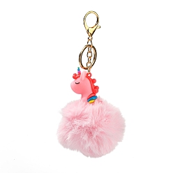 Pink Cute Unicorn PVC & Imitate Rex Rabbit Fur Ball Keychain, with Alloy Clasp, for Bag Car Key Decoration, Pink, 16.8~16.9cm