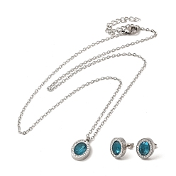 Stainless Steel Color Dark Cyan Cuibc Zirconia Oval Stud Earring & Pendant Nacklace with Crystal Rhinestone, 304 Stainless Steel Jewelry Set for Women, Stainless Steel Color, Necklace: 453mm, Earring: 12x10mm, Pin: 0.8mm