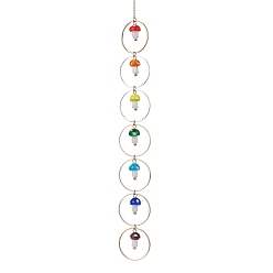 Mixed Color Chakra Mushroom Handmade Lampwork Pendant Decorations, with Brass Cable Chains, Mixed Color, 297mm, Pendants: 18x10mm