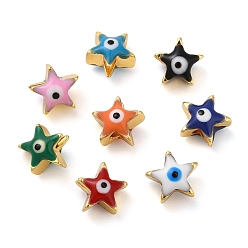 Mixed Color Golden Tone Brass Enamel Beads, Cadmium Free & Lead Free, Long-Lasting Plated, Star with Evil Eye, Mixed Color, 8x8x5mm, Hole: 1.4mm
