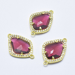 Dark Red Brass Micro Pave Cubic Zirconia Links, with Glass, Faceted, teardrop, Golden, Dark Red, 27x18x4.5mm, Hole: 1.4mm
