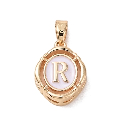 Letter R 304 Stainless Steel Enamel Pendants, Oval with Letter, Golden, White, Letter.R, 15.5x11.5x4mm, Hole: 4.5x2.5mm