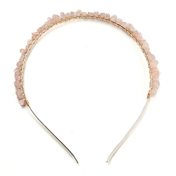 Rose Quartz Brass Wire Wrapped Natural Rose Quartz Chip Hair Bands, with 304 Stainless Steel Hair Hoop, Hair Accessories for Women Girls, 140~152x125~135x6~10mm, Inner Diameter: 120mm