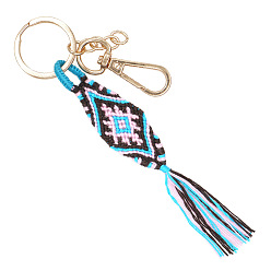 Deep Sky Blue Bohemian Style Matching Tassel Macrame Hand-woven Cotton Keychain, for Car Key Purse Phone Ornaments, Deep Sky Blue, 115mm