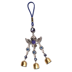 Antique Silver & Golden Alloy Rhinestones Owl Pendant Decorations, Blue Evil Eye and Bell Charm Car Bag Hanging Decoration, Antique Silver & Golden, 260x60mm