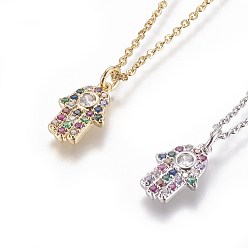 Mixed Color 304 Stainless Steel Pendant Necklaces, with Brass Cubic Zirconia Pendants, Religion, Hamsa Hand/Hand of Fatima/Hand of Miriam, Mixed Color, 17.32 inch~17.71 inch(44~45cm), Pendant: 15x10x2.5mm