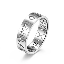 Stainless Steel Color Hollow Word Stainless Steel Finger Rings, Rune Words Odin Norse Viking Amulet Jewelry, Stainless Steel Color, Inner Diameter: 16mm