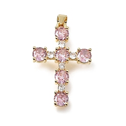 Pink Пасхальные латунные подвески с инкрустацией кубическим цирконием, крест с круглыми подвесками, без свинца и без кадмия, стойки покрытие, долговечный, реальный 18 k позолоченный, розовые, 32x20.5x3.5 мм, отверстие : 4x3.5 мм
