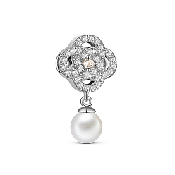 Clear TINYSAND Rhodium Plated 925 Sterling Silver Charm Flower with Acrylic Pearl & Cubic Zirconia Pendant, Platinum, Clear, 25x13.61x9.31mm, Hole: 4.37mm