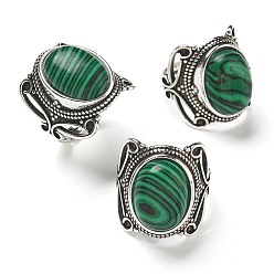 Малахит Регулируемые кольца из синтетического малахита, без свинца и без кадмия, старинные посеребренные латунные перстни для женщин, овальные, 20.5 мм, внутренний диаметр: 17 мм