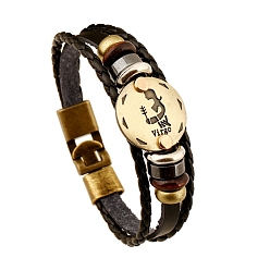 Virgo Braided Cowhide Cord Multi-Strand Bracelets, Constellation Bracelet for Men, with Wood Bead & Alloy Clasp, Virgo, 7-7/8~8-1/2 inch(20~21.5cm) 