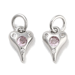 Pink Латунные микро проложить кубического циркония прелести, с целью перехода в кольце, сердце, платина, розовые, 10x6.5x2.5 мм, отверстие : 3 мм