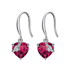 Medium Violet Red Cubic Zirconia Heart Dangle Earrings, Real Platinum Plated Rhodium Plated 925 Sterling Silver Earrings for Women, Medium Violet Red, 26mm