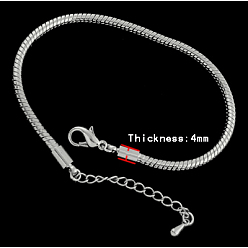 Platine Laiton bracelet de style européen faisant, laiton avec agrafe de griffe, platine, 7-1/2 pouce (19 cm), 3mm, fit pour le trou ≥4.5mm perles