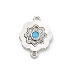 Цветок Подвески-коннекторы из латуни с микропаве из прозрачного кубического циркония и ракушки, с небесно-голубым стеклом, платина, цветок, 17.5x13x2.5 мм, отверстие : 1.2 мм