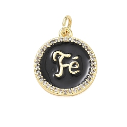 Negro Latón micro pavimenta claro colgantes de circonio cúbico, con esmalte, Charms planos y redondos con la palabra fe, chapado en rack, larga duración plateado, sin plomo y cadmio, real 18 k chapado en oro, negro, 18.5x15.5x2.5 mm, agujero: 3 mm