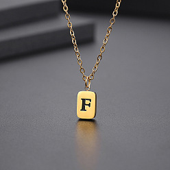 Letter F Titanium Steel Rectangle with Initial Letter Pendant Necklace with Cable Chains for Women, Golden, Letter.F, 17.72 inch(45cm)