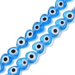 Озёрно--синий Ручной сглаза бусины бисер нитей, сердце, Плут синий, 7.5x7.5~8x3 мм, отверстие : 0.5 мм, около 48 шт / нитка, 13.27~13.50'' (33.7~34.3 см)