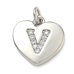 Letter V Латунные микропаве прозрачные подвески с фианитом, сердце прелести, без кадмия и без свинца, стойки покрытие, долговечный, платина, Буква V, 15x15x2 мм, отверстие : 3 мм
