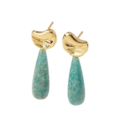 Амазонит Серьги-гвоздики в форме капли из натурального амазонита, с латунной фурнитурой и 925 булавками из стерлингового серебра, золотые, 34.5x11.5 мм